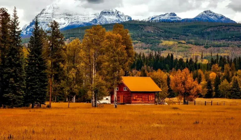 Rustic wooden cabin with orange roof in autumnal forest clearing, snow-capped mountains in background.