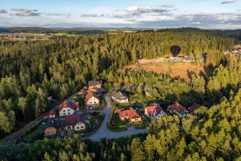 Aerial view of a residential neighborhood surrounded by dense green forest under a partly cloudy sky.