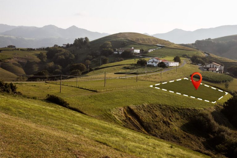 A green rural hillside landscape with houses, a marked plot of land, and a red location pin.