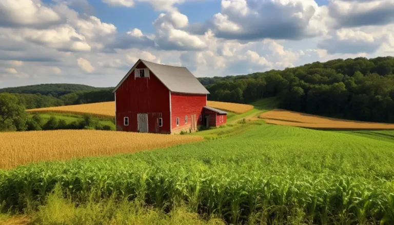 Red barn situated in green and golden fields under a partly cloudy sky.