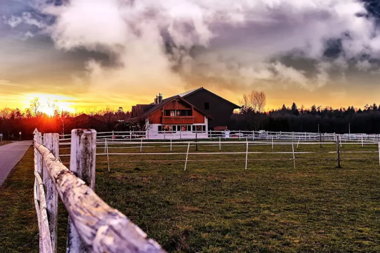 Sunset over a fenced grassy field with a rustic house and cloudy sky in the background.