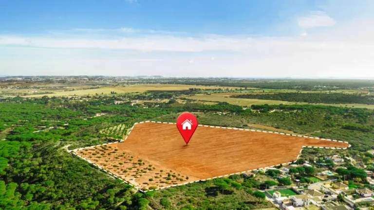 Aerial view of a large, cleared plot of land outlined in white with a red location pin featuring a white house icon.