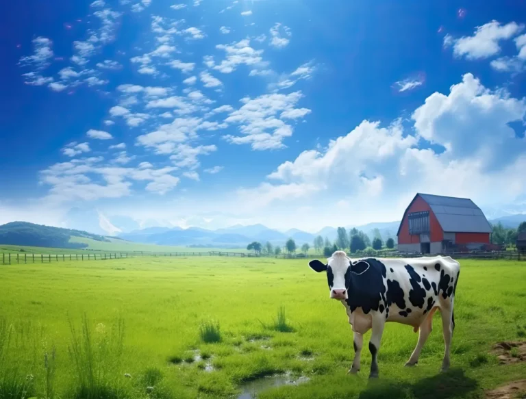 Black and white cow standing in a green pasture with a red barn and blue sky with clouds.