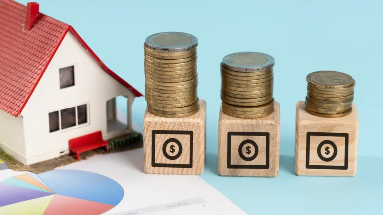 Model house with stacks of coins on wooden blocks displaying dollar symbols, financial chart nearby.