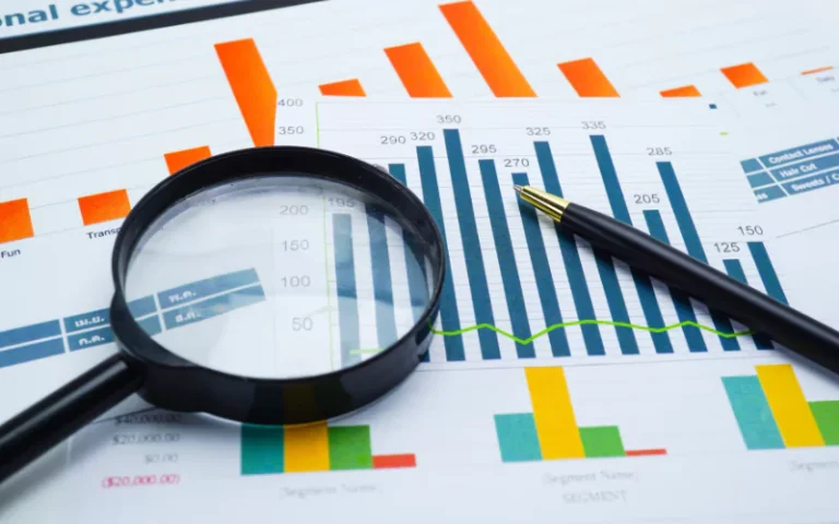 Magnifying glass and pen on printed business charts with bar and line graphs in blue, orange, green, and yellow.