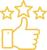 Icon of a yellow hand giving thumbs up with three yellow stars above.