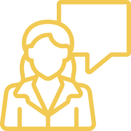 Yellow outline icon of a businesswoman with a speech bubble on a transparent background.