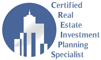 Logo with stylized white buildings inside a blue circle and text "Certified Real Estate Investment Planning Specialist.