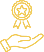 Yellow icon of an outstretched hand holding an award ribbon with a star in the center.