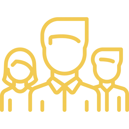 Outline illustration of three business professionals in yellow on a transparent background.