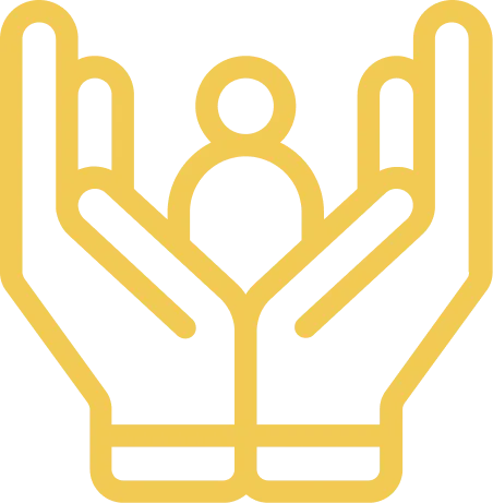 Yellow outline illustration of two hands cupping a small human figure on a transparent background.