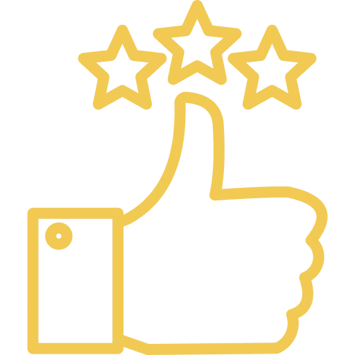 Yellow outlined thumbs-up icon with three stars above on transparent background.