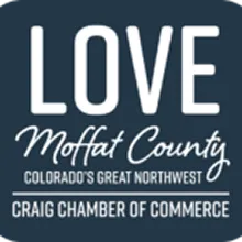 Logo featuring white text on a dark blue background for Love Moffat County, Craig Chamber of Commerce.