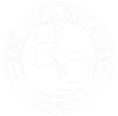 White circular logo with the text "3D REAL ESTATE" and stylized "3D" letters in the center.