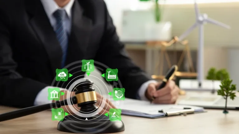Person in suit writing at desk with judge's gavel and green environmental icons.