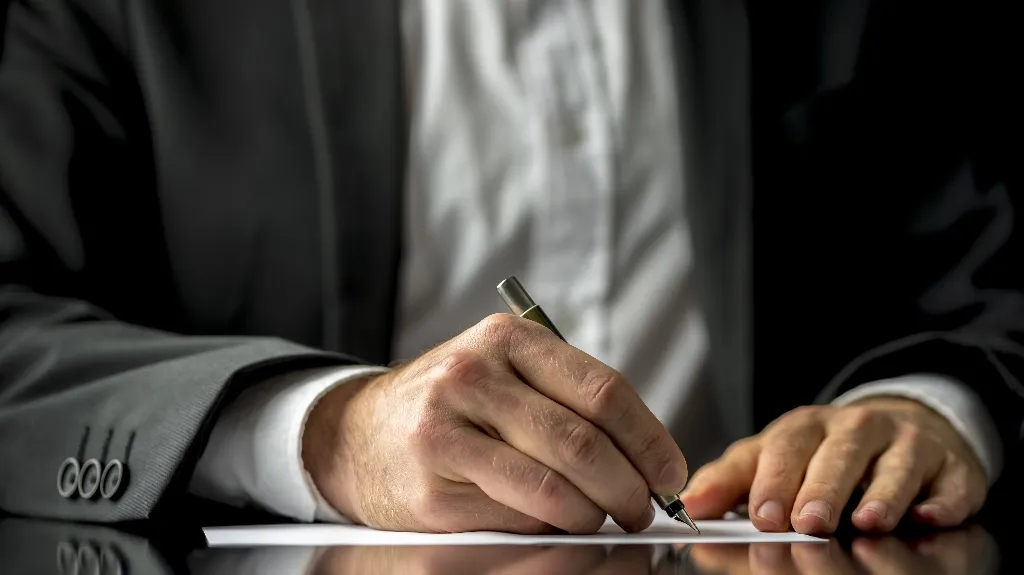 Close-up of a person in a suit signing a document with a pen on a reflective surface.