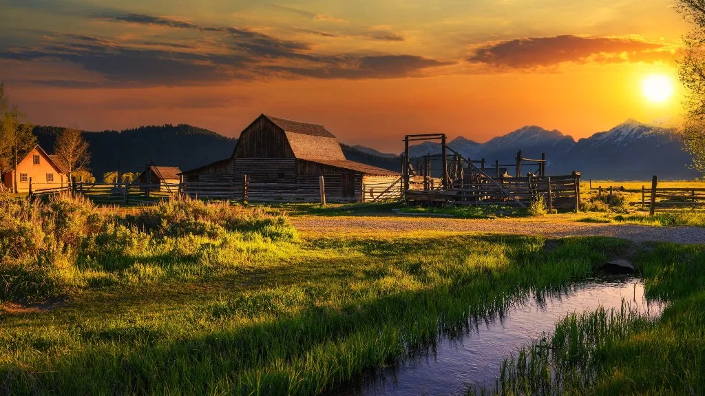 Sunset over rural farm with wooden barns, green grass, and distant mountains.