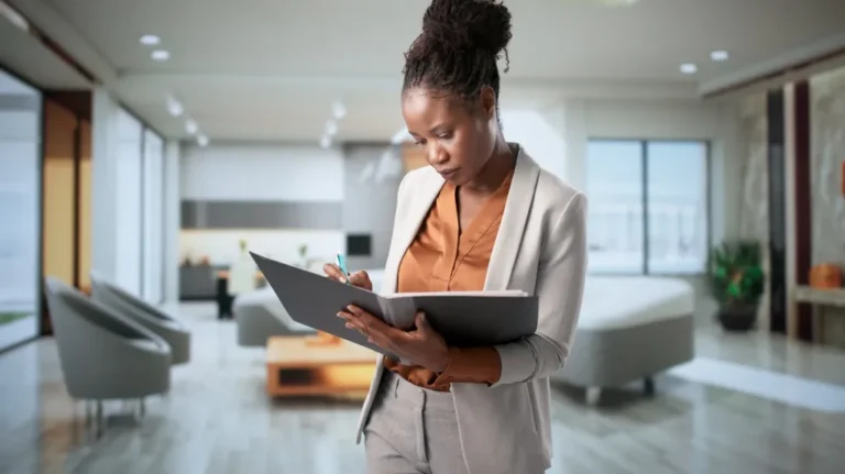 Professional woman in beige suit reviewing documents in modern office setting.